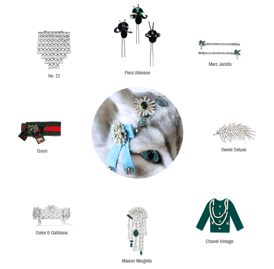 Hier sieht man Haarspangen und Broschen von Piers Atkinson, Marc Jacobs, Sweet Deluxe, Chanel Vintage, Maison Margiela, Dolce & Gabbana, Gucci und No. 21.