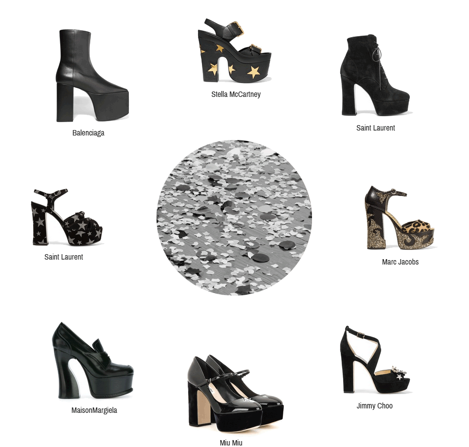 Dieses Bild zeigt Plateau-Schuhe von Stella McCartney, Saint Laurent, Marc Jacobs, Jimmy Choo, Miu Miu, Maison Margiela, Balenciaga und Gucci.