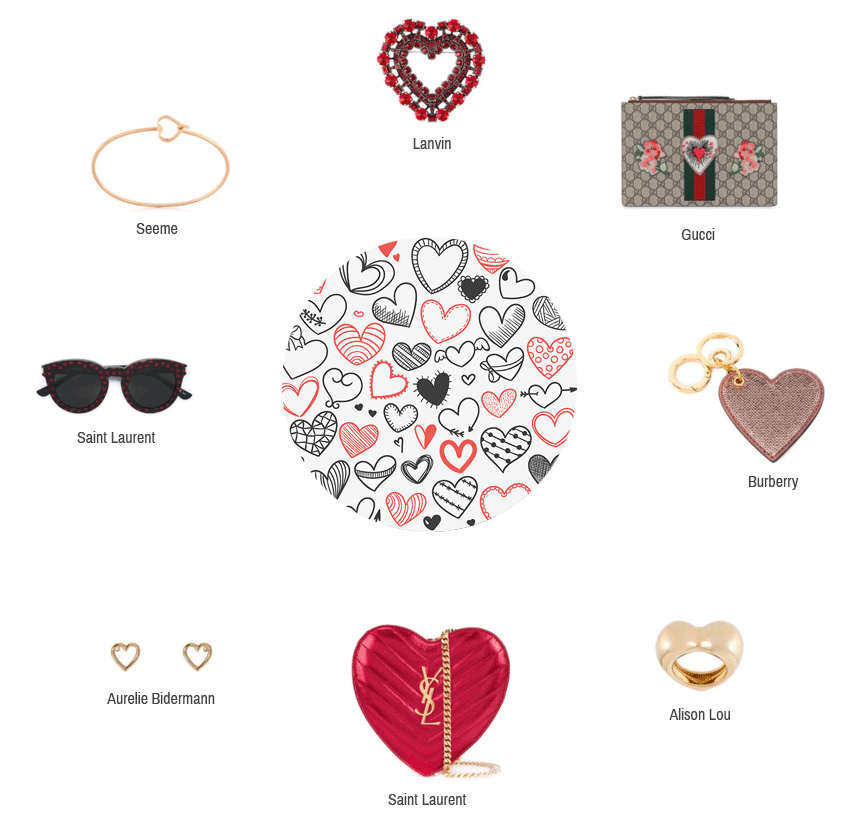 Hier sieht man Schmuckstücke und Accessoires mit Herzmotiv von den Marken: Lanvin, Gucci, Burberry, Alison Lou, Saint Laurent, Aurelie Bidermann und Seeme. 