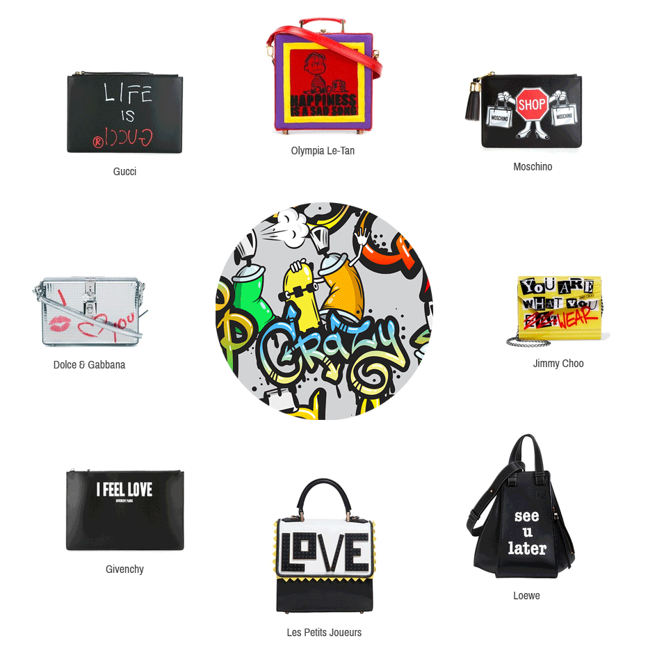 Hier sieht man Message Bags von folgenden Labels: Olympia Le-Tan, Moschino, Jimmy Choo, Loewe, Les Petits Joueurs, Givenchy, Dolce & Gabbana und Gucci.