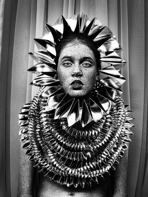 Auf der Modefotografie ist Model mit sehr vielen Sommersprossen zu sehen, das eine aus Silberfolie gefaltete Kopfbedeckung trägt. Design und Foto: Bea Szenfeld. © Gestalten 2016
