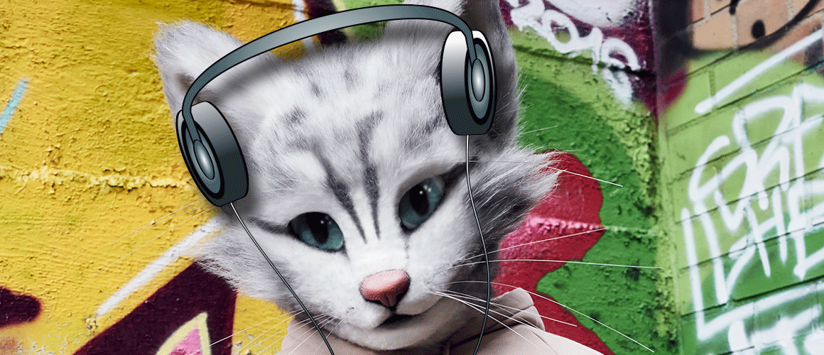 Catlady Pheline steht mit Kopfhörern vor einer mit Graffitti besprühten Wand und hört Musik von einer Playlist.
