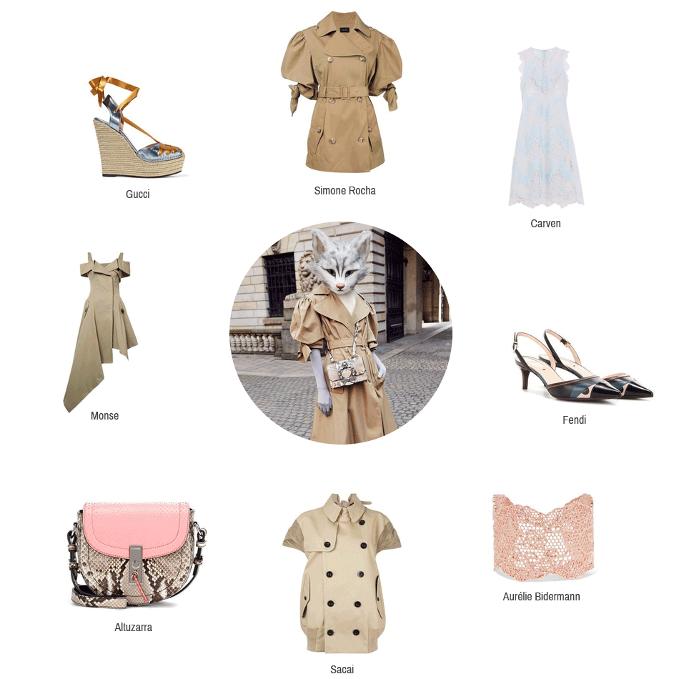 Hier sieht man Kleidungsstücke und Accessoires zum Trench-Look von Simone Rocha, Carven, Fendi, Aurélie Bidermann, Sacai, Altuzarra, Monse und Gucci.