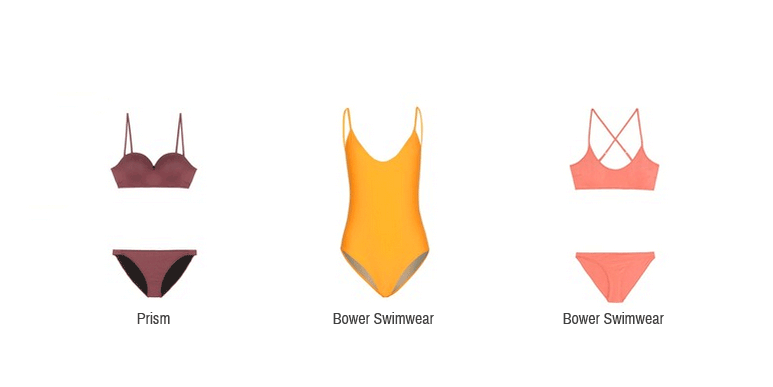 Dieses Bild zeigt minimalistische Bikinis und einen Badeanzug von Prism und Bower Swimwear.