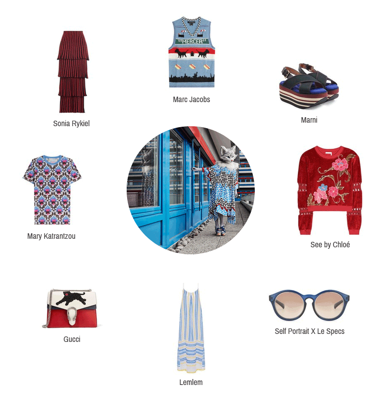 Hier sieht man Accessoires und Kleider mit Muster von Marc Jacobs, Marni, See by Chloé, Self Portrait X Le Specs, Lemlem, Gucci, Mary Katrantzou und Sonia Rykiel.