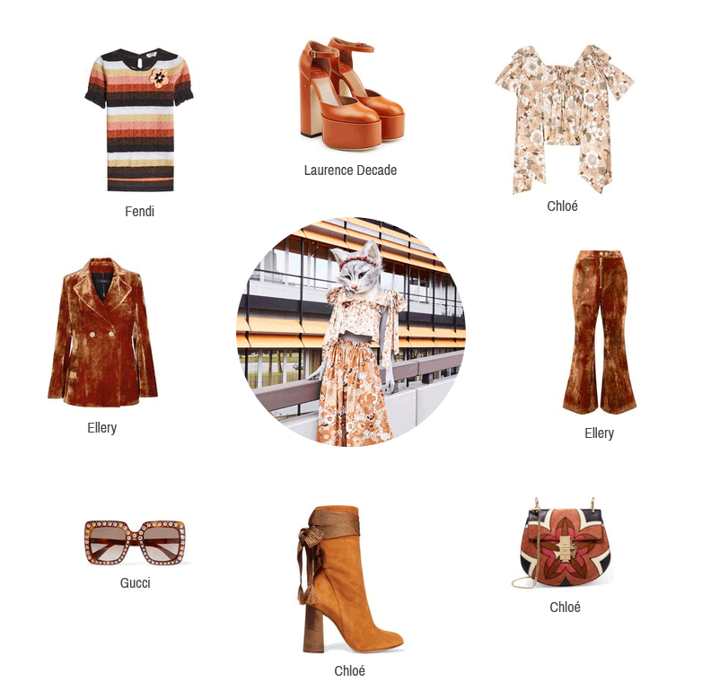 HIer sieht man Kleidungsstücke und Accessoires zum 70er Jahre Flower Power Look von Chloé, Ellery, Gucci, Fendi und Laurence Decade.