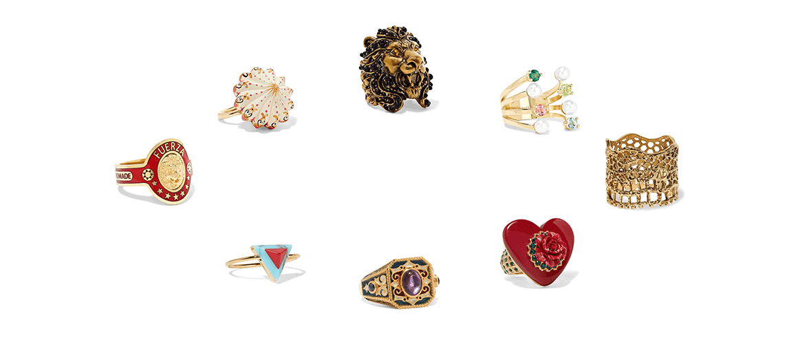 Diese Bild zeigt Statement Ringe von Gucci, Fendi, Dolce & Gabbana und Aurelie Bidermann.