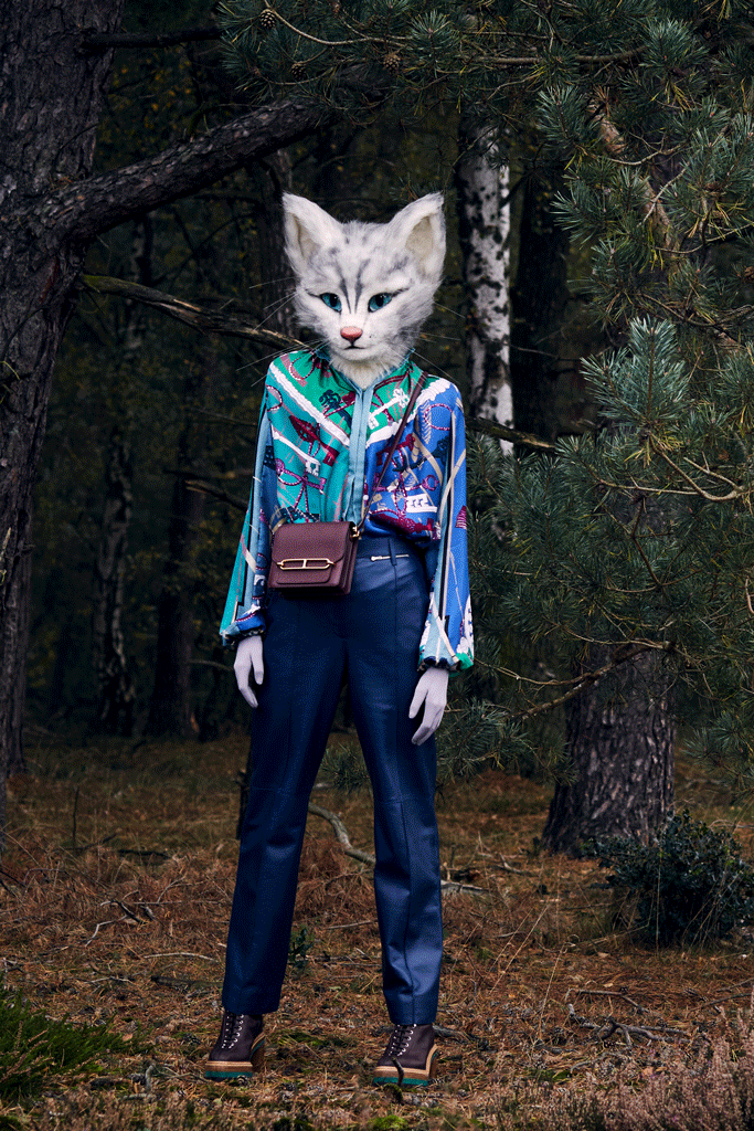 Auf den Fotos ist Katzenlady Pheline zu sehen. sie steht im Wald und trägt eine Seidebluse mit Scarfprint Muster, eine blaue Lederhose, braune Schürbooties und eine weinrote Umhängetasche. Der komplette Look ist von Hermès.