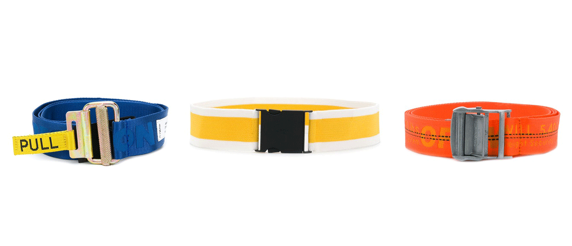 Auf dem Foto sind drei Utility Belts in den Farben blau, gelb und orange von den Marken Off White, Numeroventuno und Heron Preston zu sehen.